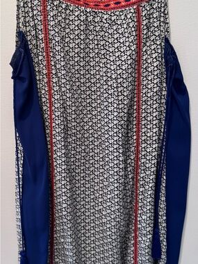 THML Navy Blue, White & Red Patterned Sleeveless Dress